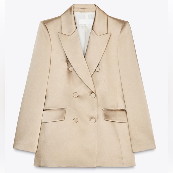 Zara Double Breasted Satin Effect Cream Tan Mink Blazer Suit Jacket Bridal - Picture 16 of 17